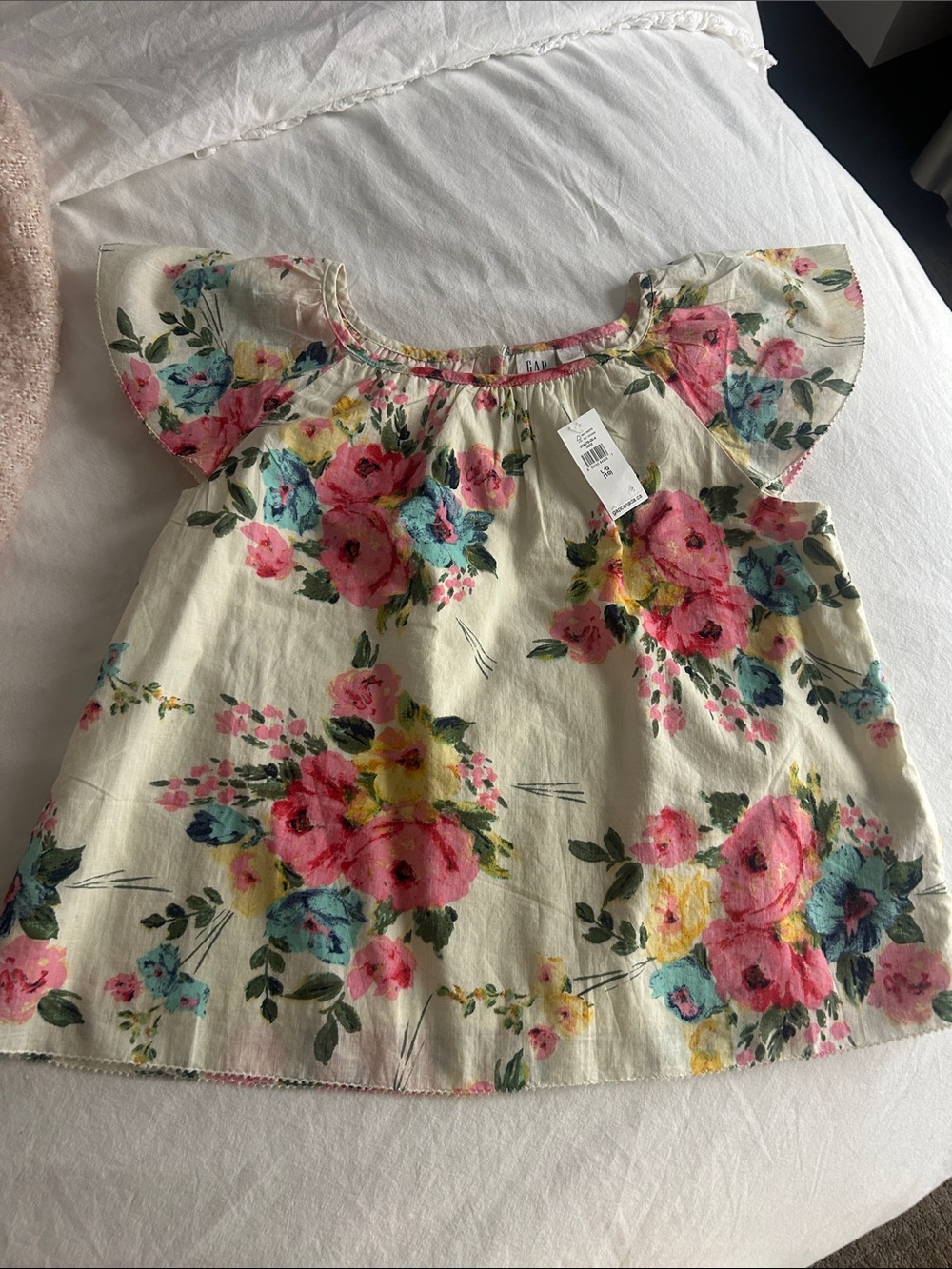 GAP Cream Floral Puff-Sleeve Top with Pink & Yellow Blooms girls size 10 NWT